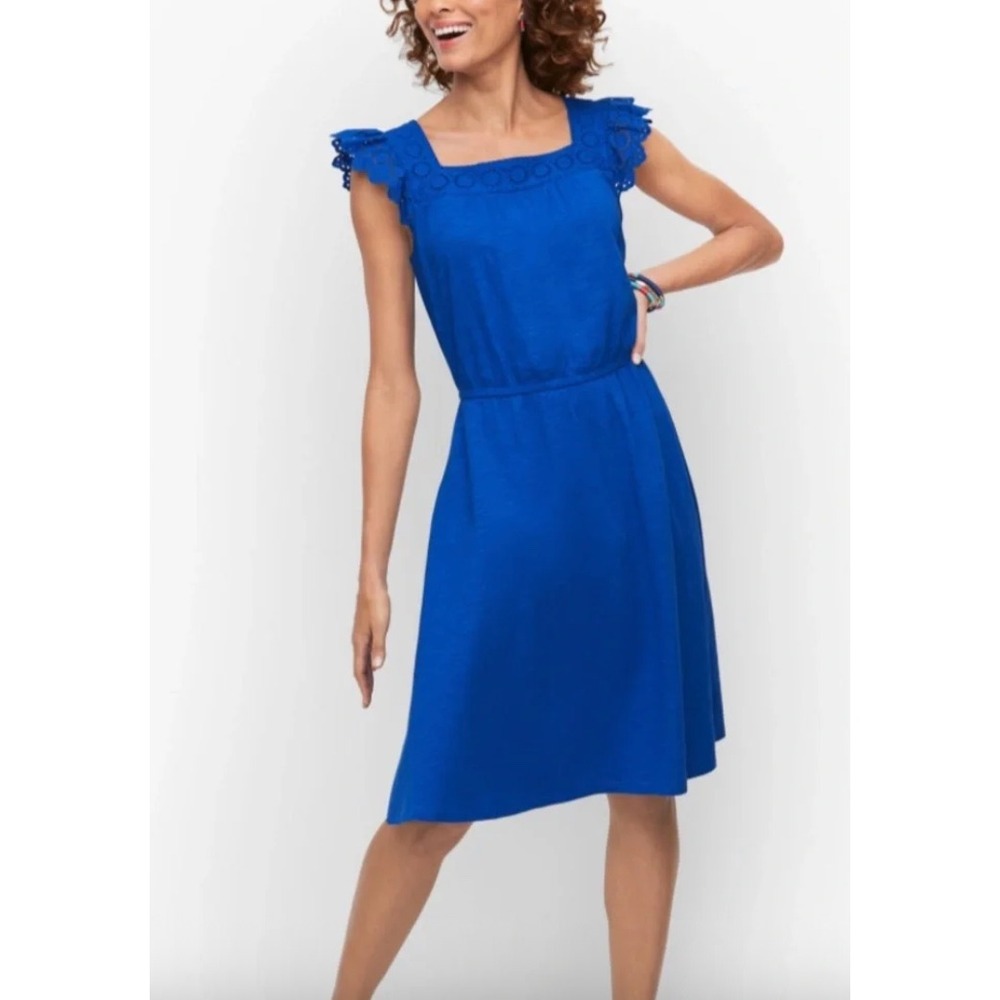 Talbots Fit & Flare Dress Womens XL Blue Excellent Eyelet Flutter Sleeve Knit